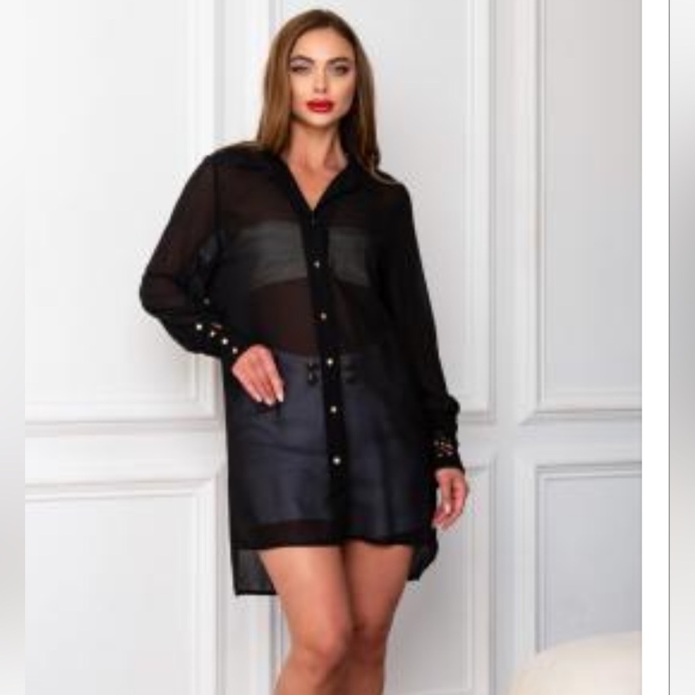 Black Sheer Button-Up Shirt Dress - Women Tops